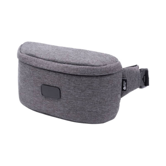 A grey sling bag with a smooth, rounded design, featuring a buckle strap and a logo.