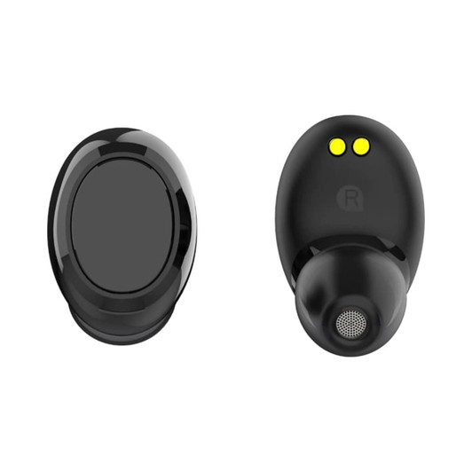 Wireless earbuds in black featuring a sleek design and logo, with a charging area on the underside.