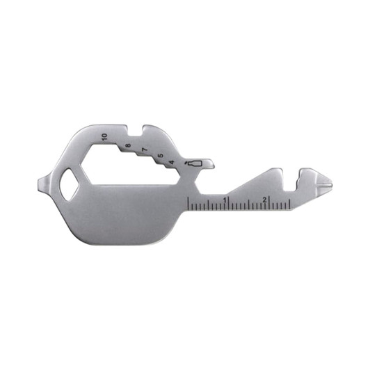 A sleek silver multi-tool shaped like a key, featuring various measurement tools and a branded logo.