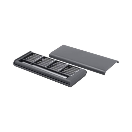A grey precision tool kit with various screwdriver bits and a cover. It includes a compact, organised case.