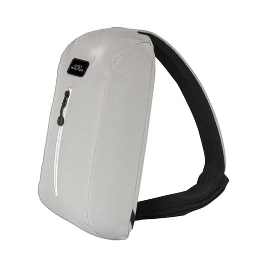 A grey Sling Eco Bag with a sleek design and a front zip pocket, featuring a black strap.