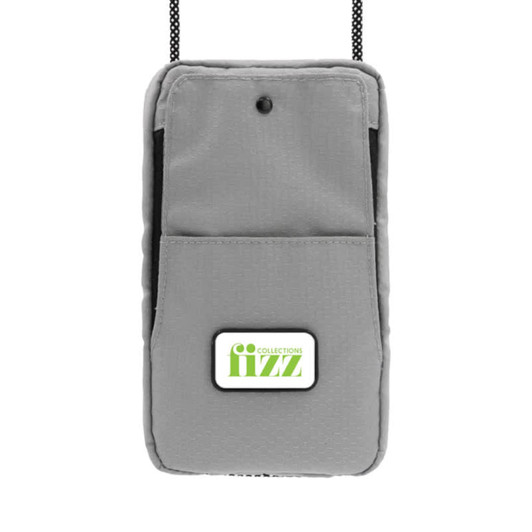 A grey eco-friendly bag with a front pocket and a logo, featuring a strap for carrying.