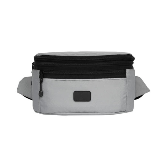 A grey and black combo eco convertible bag with multiple zippered compartments and an adjustable strap.