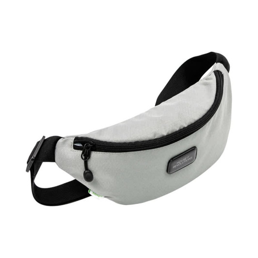 A light grey eco-friendly waist bag with a black strap and a zipper, featuring a small logo.