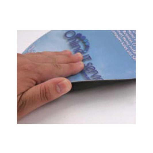 A hand resting on a blue ultra-thin PVC counter pad, featuring a logo and smooth surface.