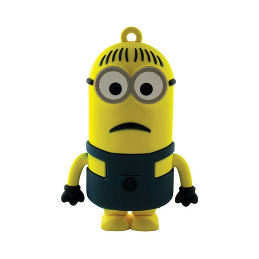 A yellow minion-shaped power bank with a blue outfit and a surprised expression, featuring a logo on the front.