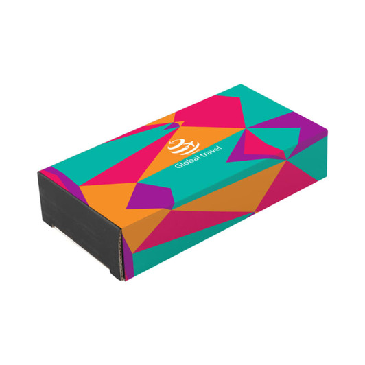 A brightly coloured customised printed sleeve featuring geometric patterns in shades of teal, orange, and purple.