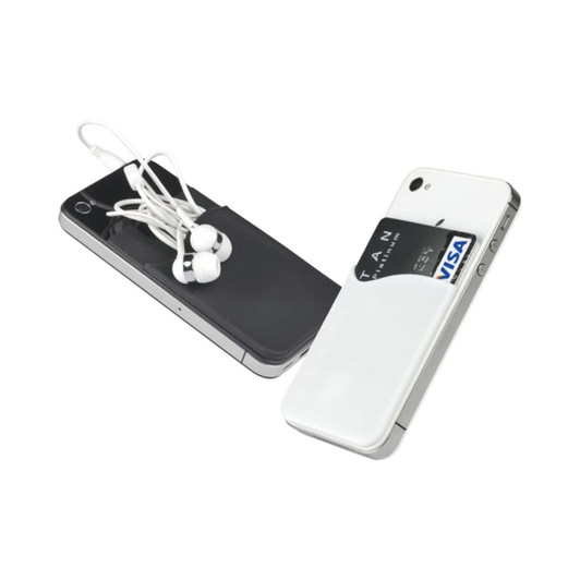 A white and black sticky pouch on two smartphones, each holding a card and earphones. The pouch features a logo.