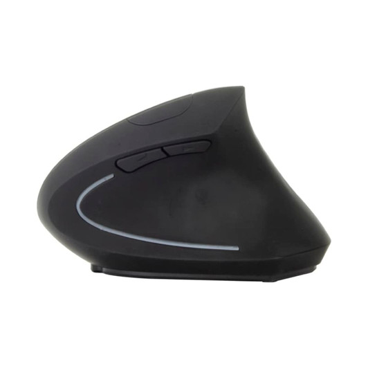 A black ergonomic wireless mouse with a sleek design and buttons on the side. It features a subtle branding logo.