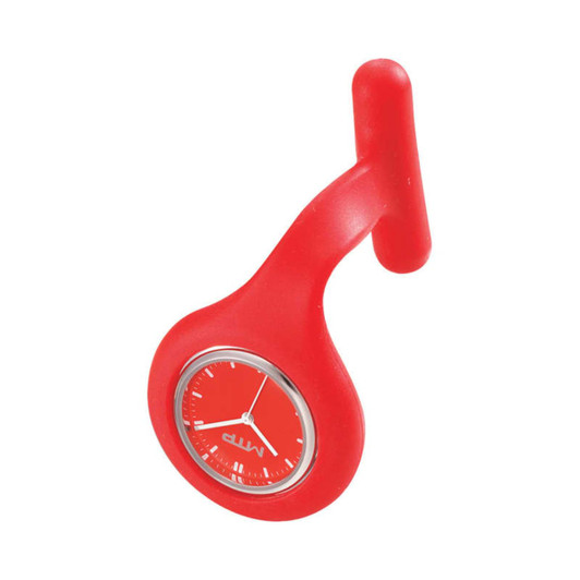 A red silicone nurses watch with a round face and a hook for attachment. Features a simple dial design.