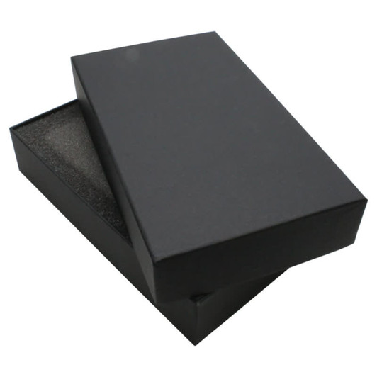 A black two-part gift box with a removable lid and foam interior, designed for packaging items.