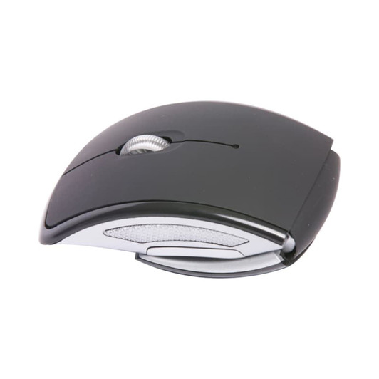 A wireless optical mouse in black with a sleek design and a silver accent. It features a scroll wheel and branding.