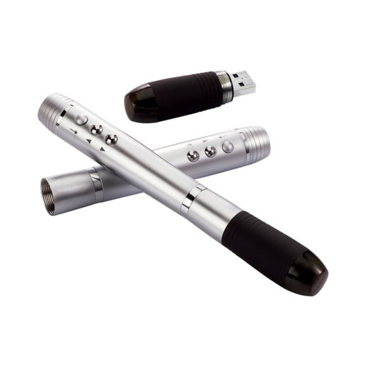 A silver and black seminar presenter with a USB attachment, featuring buttons for functionality.