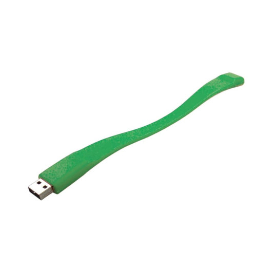 A green silicone wristband with a USB connector at one end, featuring a brand logo.