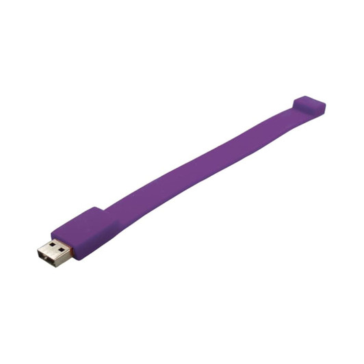A purple silicone wristband with a USB connector at one end, featuring a logo.