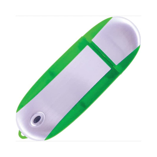 An oval flash drive in green and silver, featuring a logo and a keychain loop.