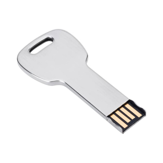 A silver seamless flash drive designed in the shape of a key, featuring a USB connection.