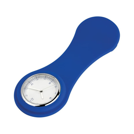A blue, silicone nurse watch with a round face and a silver bezel, featuring a white clock face.