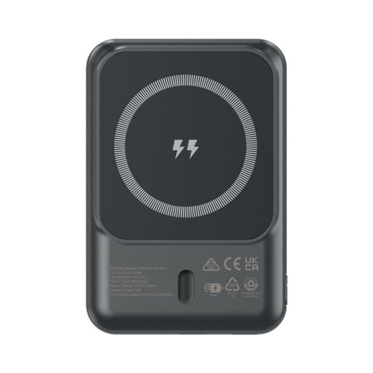 A black power bank featuring a circular charging indicator and a logo on the back, with a 5000 mAh capacity.