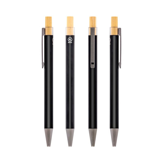 A collection of four eco-friendly pens featuring a black barrel and bamboo accents, each with a metal clip.