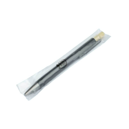 A black eco-friendly pen packaged in clear plastic, featuring a gold top and a logo.