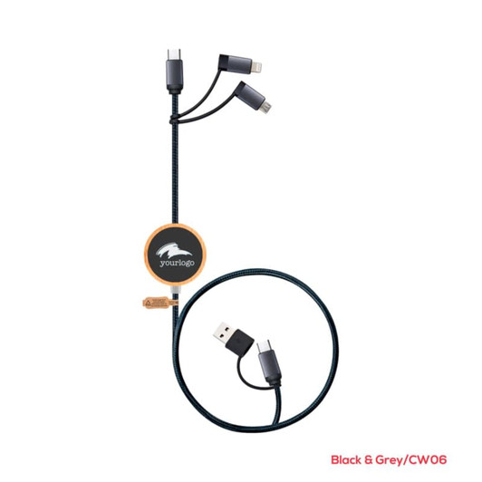 A black and grey charging cable with multiple connectors and a logo, designed for fast charging and data syncing.