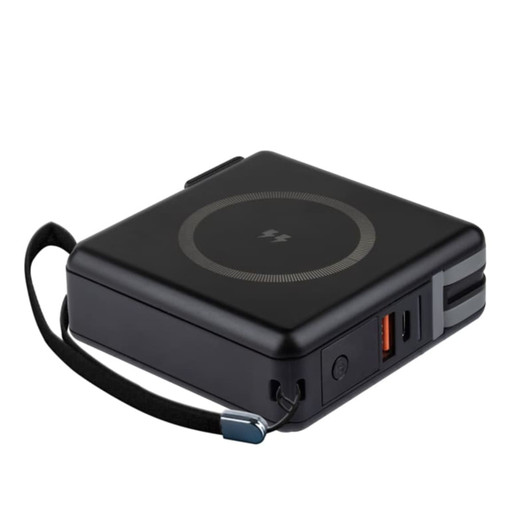 A compact black power bank with multiple ports and a carrying strap. It features a circular design and a logo.
