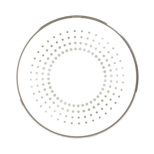 A round, silver wireless charger featuring a dotted design on a white surface. It has a sleek, modern look.