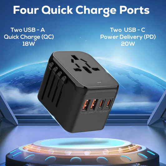A black travel adaptor with four quick charge ports, including two USB-A and two USB-C.