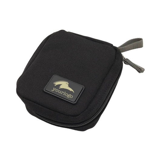 A black eco accessory pouch with a zip closure and a grey carry handle, featuring a logo.