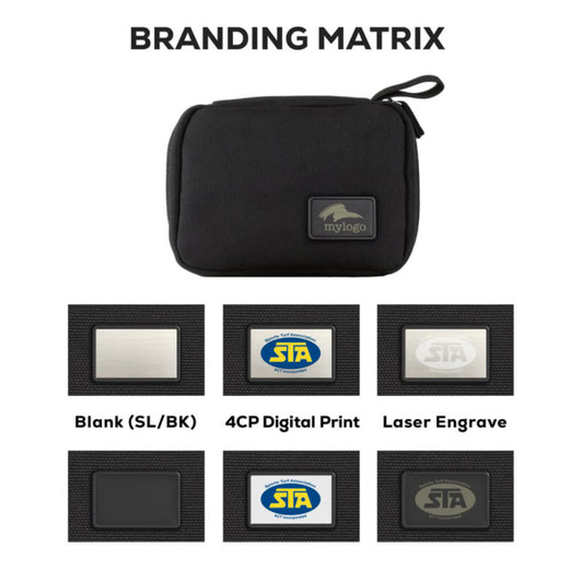 A black eco accessory pouch with a branding area, featuring a zip closure and a logo patch.