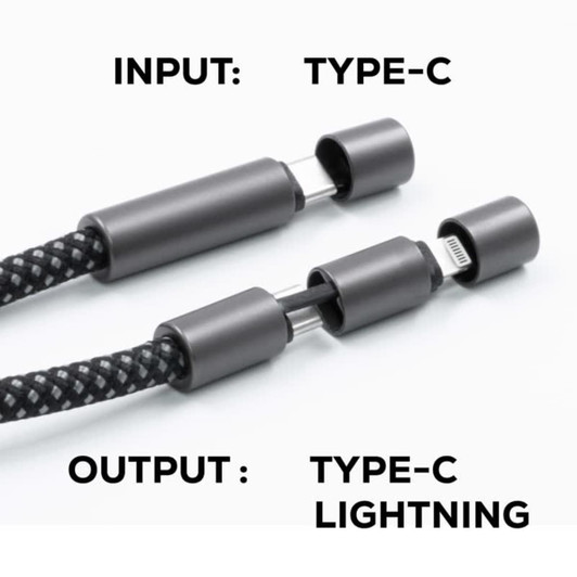 A braided charging cable in black, featuring Type-C and Lightning connectors for charging and data transfer.
