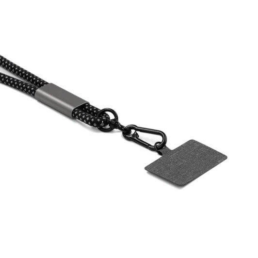 A black eco-friendly phone strap with a clip and textured tag, designed for charging and data connectivity.
