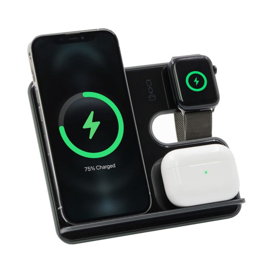 A wireless charging stand featuring a black finish, designed to charge a phone, smartwatch, and earbuds simultaneously.