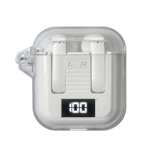 A pair of white wireless earbuds in a transparent charging case, featuring a digital display.