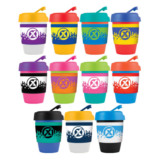 A set of reusable coffee cups in various vibrant colours, each featuring a logo and silicone band.