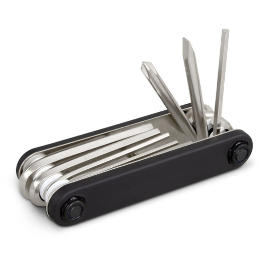 A multi-tool set in black and silver, featuring various stainless steel tools and a compact design.