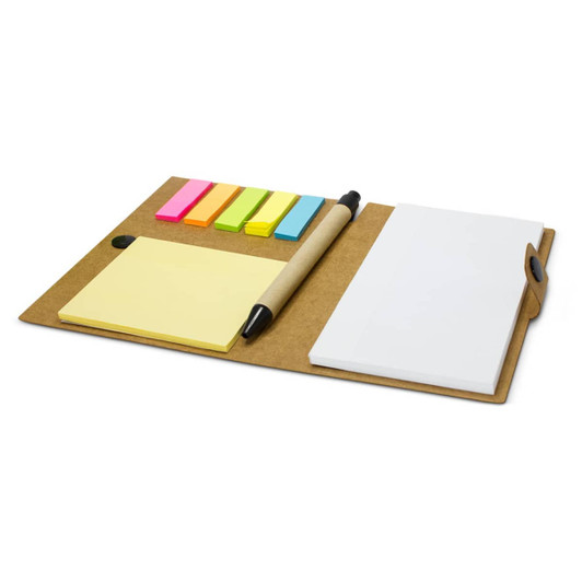 A notebook wallet in brown with yellow sticky notes, multicoloured tabs, and a black pen.