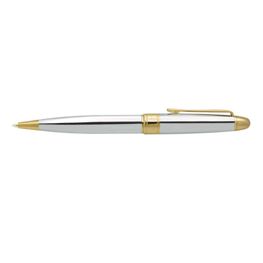 A sleek silver metal pen with gold accents and a clip, featuring a logo on the body.