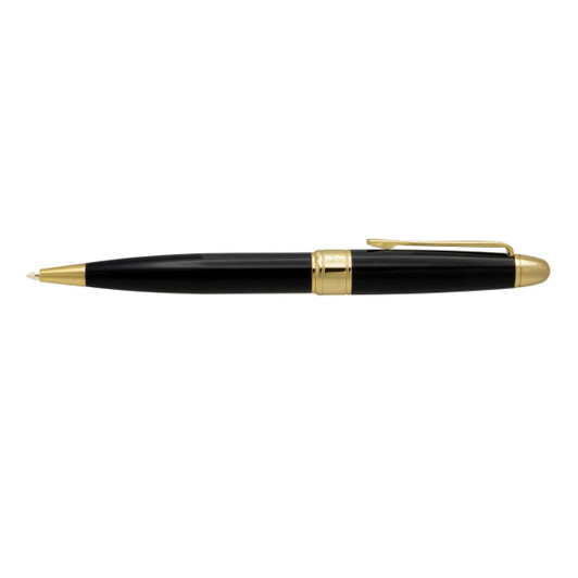 A black metal pen with gold accents and a clip, featuring a sleek design and smooth finish.
