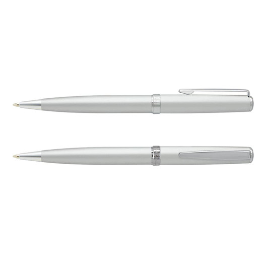 A set of silver metal pens with a sleek design and a branding logo on one side.