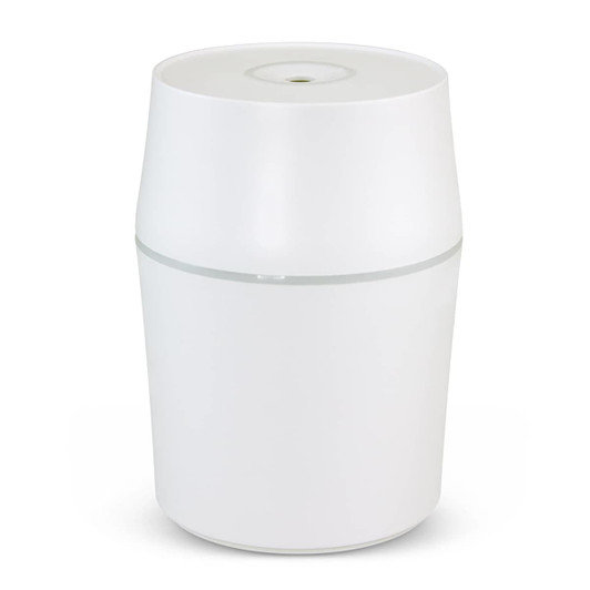 Aroma diffuser in a sleek white design, featuring a simple cylindrical shape and a subtle logo on the surface.