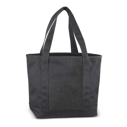 A dark gray tote bag with sturdy handles and a side pocket.