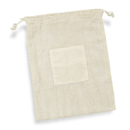 A light beige cotton produce bag with a drawstring closure and a square patch on the front.