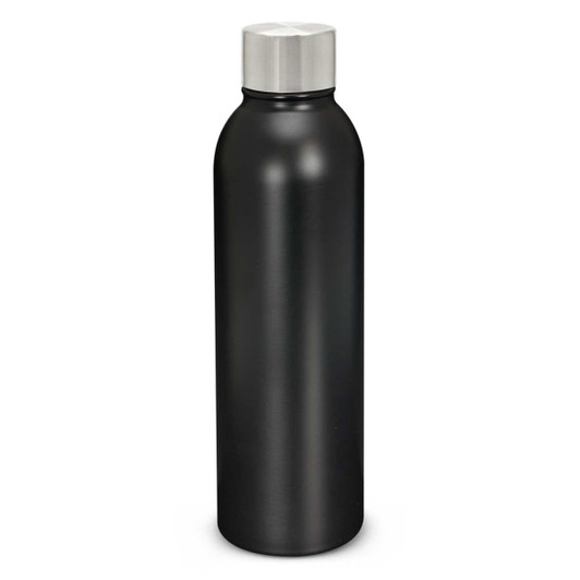 A drink bottle featuring a sleek black design with a stainless steel cap, designed to keep beverages insulated.