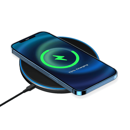 A wireless charger with a black base and blue rim, featuring a smartphone displaying a charging indicator.