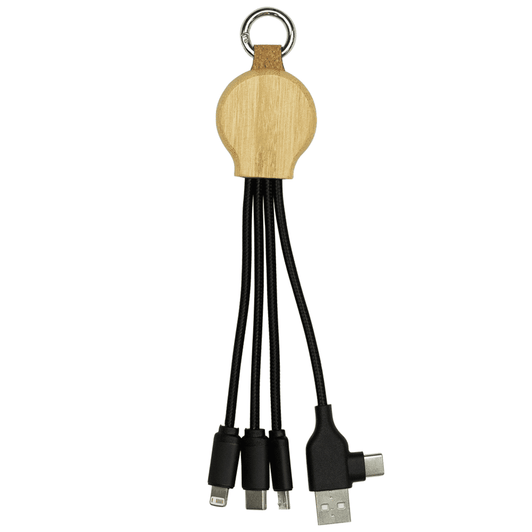A 16.5cm recycled 6-in-1 charging cable with a wooden keychain attachment and black cords. Features various connectors.