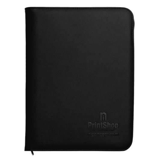 A black recycled A4 zip portfolio with a logo on the front. Ideal for office and business use.