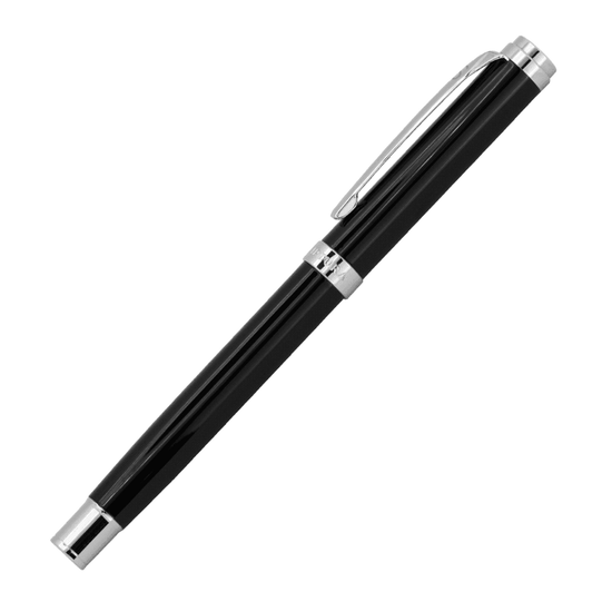 A black pen with a silver clip and accents, featuring a sleek, polished design and a branded logo.