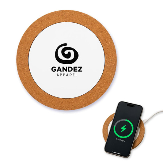 A round wireless charger with a cork outer rim and a logo in the centre, displaying a phone with a charging indicator.